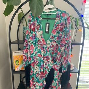 Nasty Gal floral fringe wrap dress